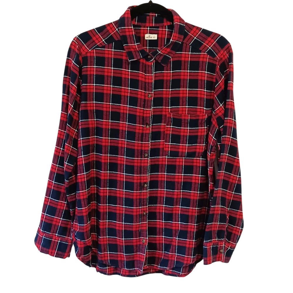 Hollister Flannel Shirt L  Women's Red Blue Plaid‎ Button Down Cotton Top